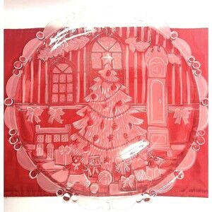 Vintage Block Crystal Etched Christmas Tray Round Serving Plate Platter Holiday